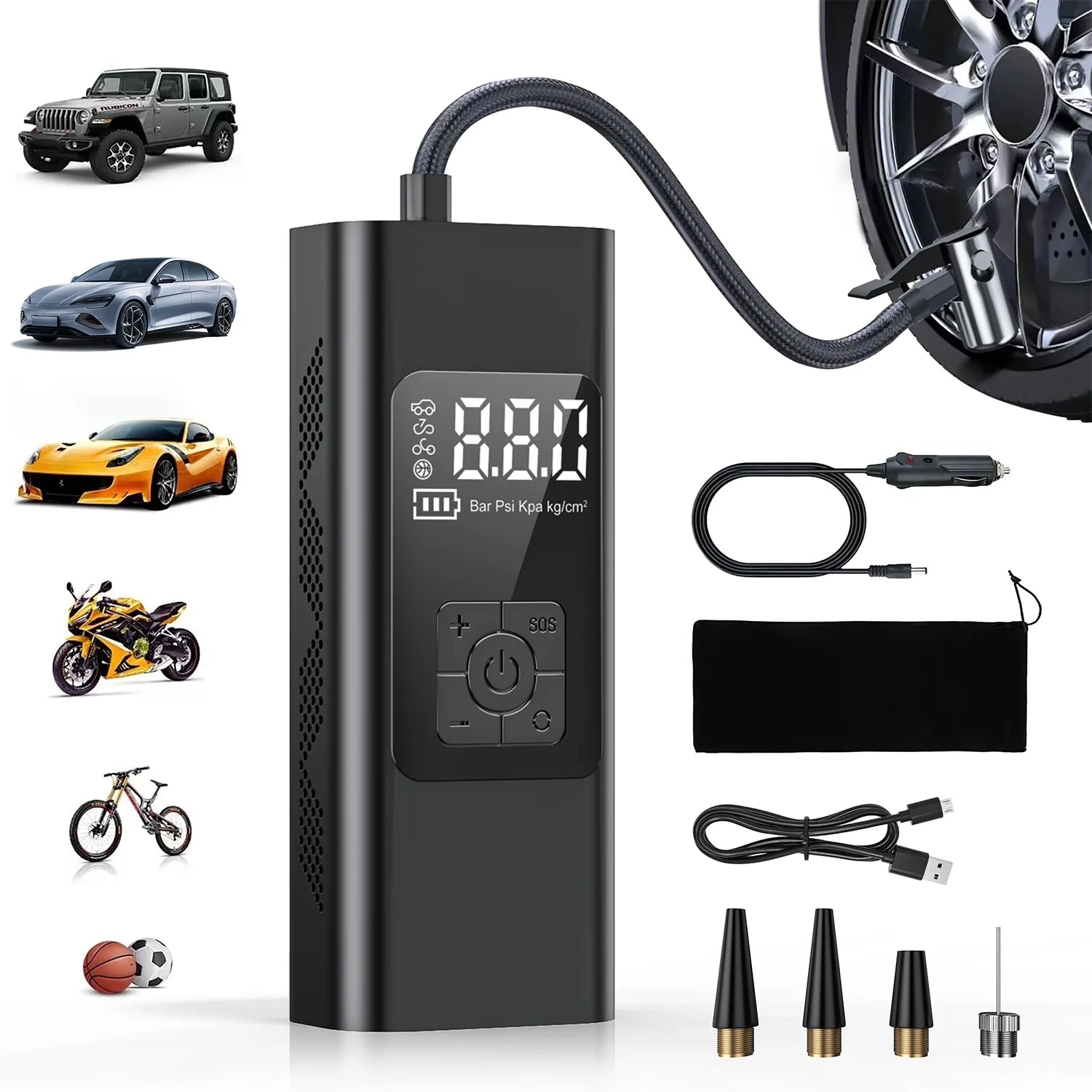 Tire Inflator, Portable 150 PSI Air Compressor Bicycle Pump with Digital Pressure Gauge, Cordless Rechargeable Tire Pump with Emergency LED Light, Mini Electric Air Pump for Car Bike Motorcycle Ball